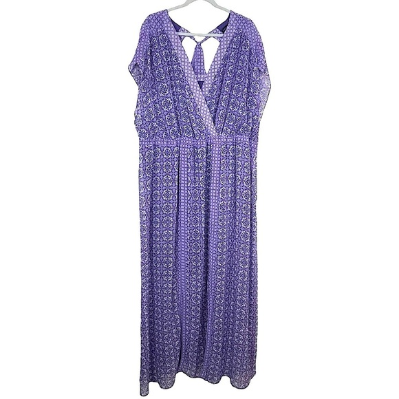 Lane Bryant Boho Semi Sheer V-Neck Purple Print Slit Maxi Dress Tie Back 26/28 - Picture 1 of 14